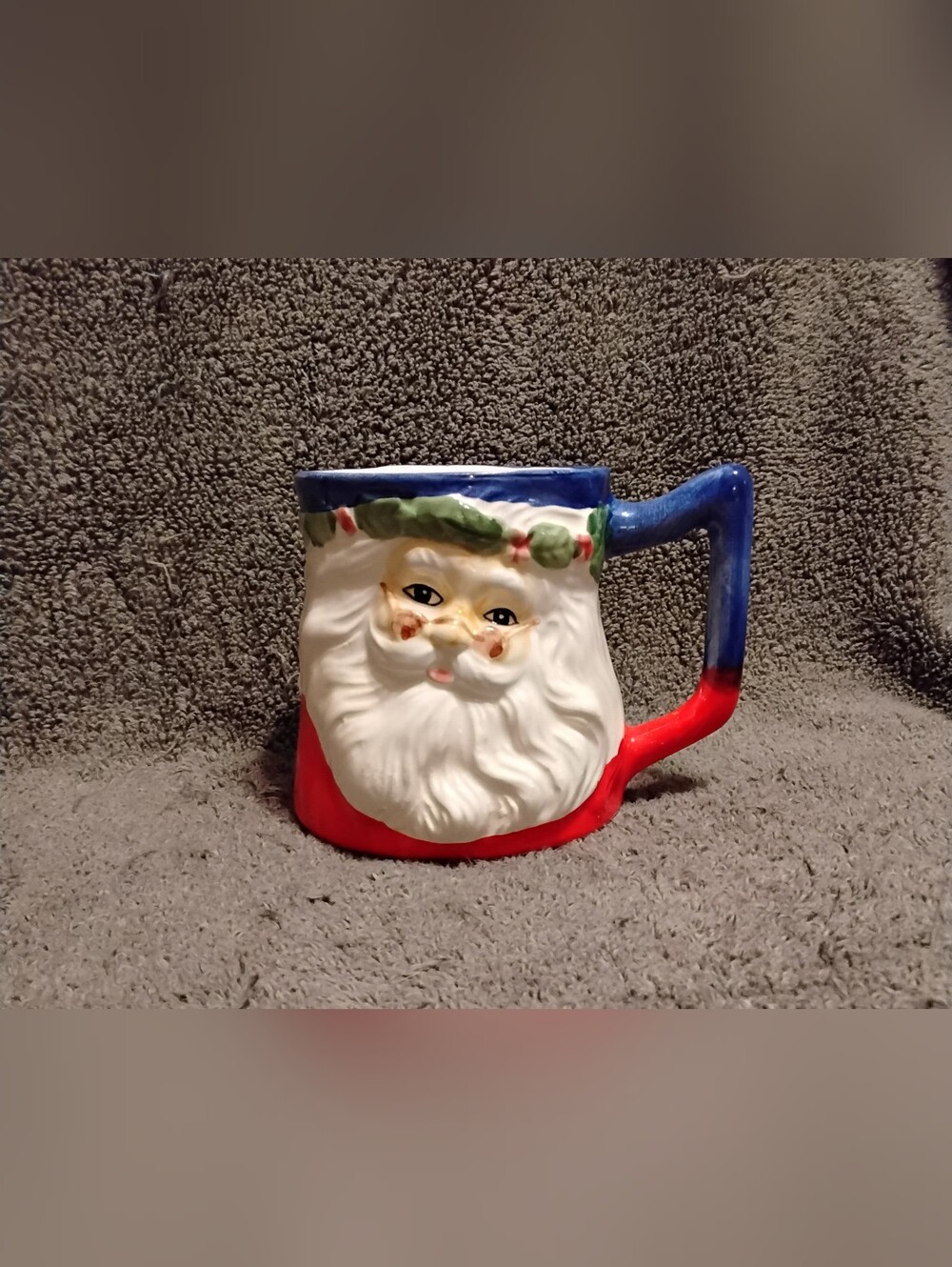 Japan 1960s Vintage Holiday Santa Face Ceramic Mug - Red and Blue